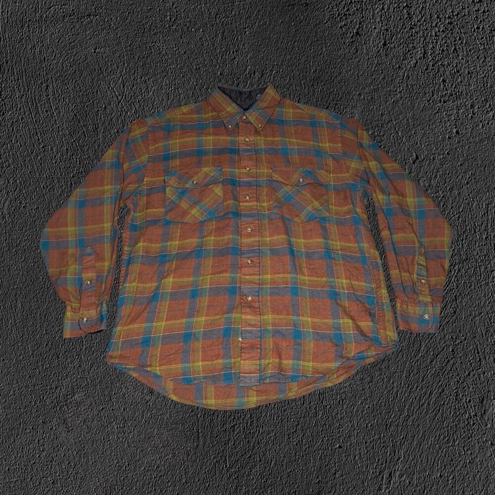 Y2K brown/blue/green Van Heusen plaid flannel button up